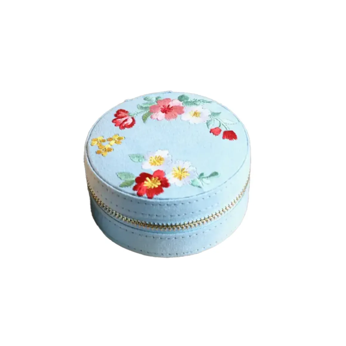 Mini boite à Bijoux rond en velours à fleurs brodées